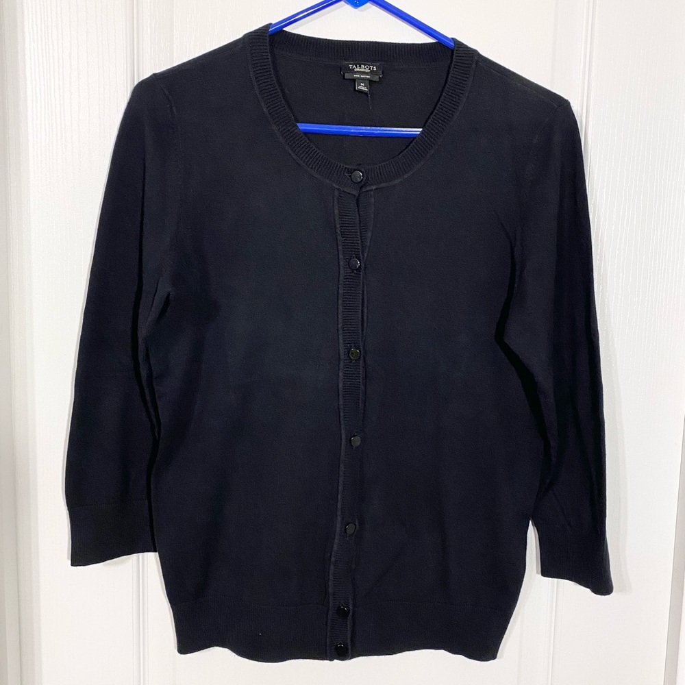 Talbots Pima Cotton 3/4 Sleeve Button Front Knit Cardigan Black Size Medium